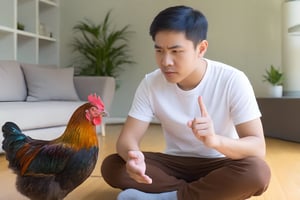 A family man talking to a chicken