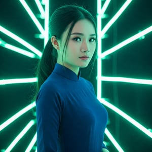 Cô gái Việt Nam trong trang phục áo dài trên nền neon hiện đại