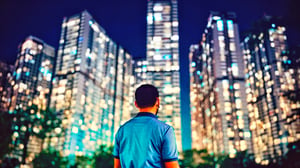 A man looking at the city of light