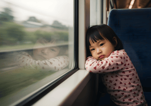A sad girl sitting in a train