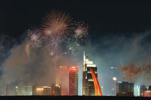 Crowd watching fireworks on Bason bridge