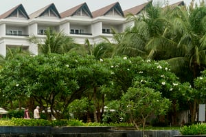 A senior couple enjoying fresh air at a luxurious beach resort