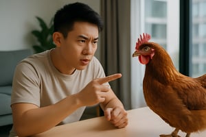 A man arguing with a chicken