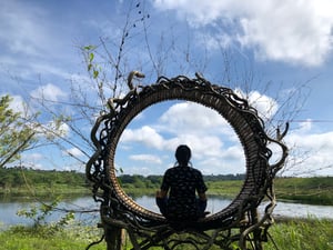 Cô gái ngồi thiền bên hồ sen
