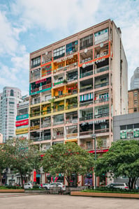 An old building with many brands