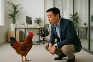 Man explaining to a chicken