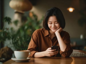 Cô gái xem điện thoại trong quán cafe