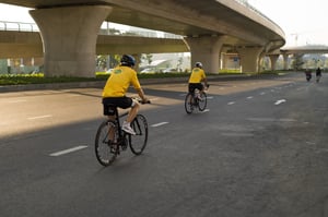 Riding bicycle in the morning