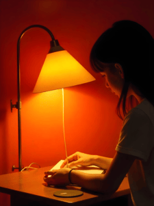A girl reading a book next to a yellow lamp
