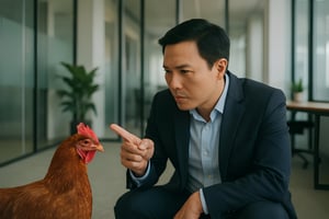 Boss making a warning to a chicken