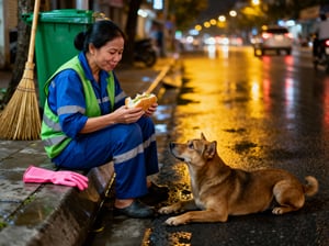 Nữ công nhân đường phố đang ăn tối, mỉm cười với chú chó