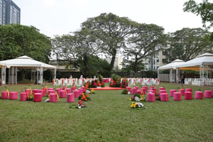 An outdoor garden wedding party