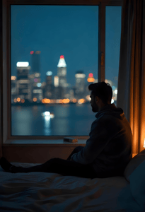 Người đàn ông ngồi buồn trong phòng