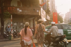 Ngã tư bận rộn dưới nắng chiều vàng