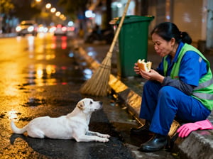 Nữ công nhân đường phố đang nghỉ ngơi, mỉm cười với chú chó