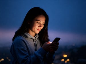 Cô gái trả xem điện thoại trong bóng tối