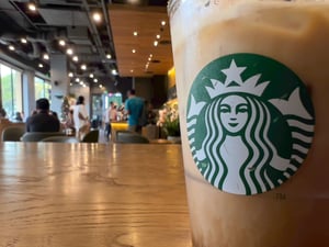 A macro shot of a Starbucks glass