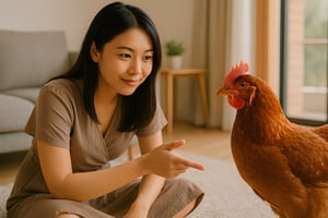 A woman talking to a chicken