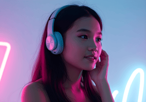 Portrait of a futuristic Vietnamese girl on a cyberpunk color background