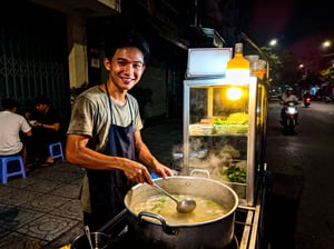 Thanh niên vất vả mưu sinh bán hủ tíu