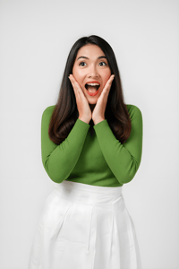 Happy Festive Surprised Girl in Green Sweater