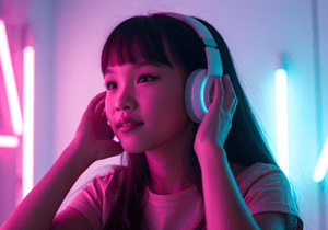 Portrait of a futuristic Vietnamese girl on a neon background