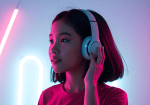 Portrait of a futuristic Vietnamese girl wearing a headphone