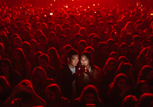 A couple checking social media during an event