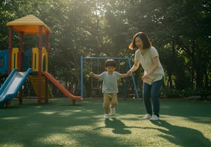 Asian mom playing with her kid