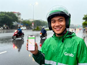Tài xế Grab đang cầm điện thoại bật app