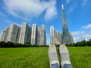 A runner relaxing on the grass
