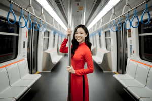Cô gái Việt Nam mặc áo dài đỏ trên tàu điện ngầm Metro