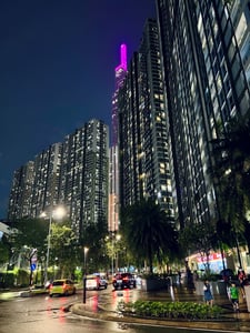Vinhomes Central Park in a rainy evening