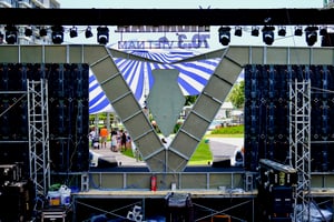 Behind a stage