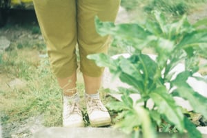 Close up of female feet in classic canvas sneakers standing next to green plants