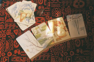 Flat lay of Tarot cards on boho tablecloth