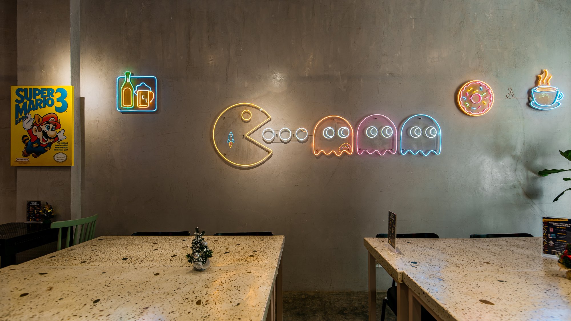 Cute neon icons on the wall