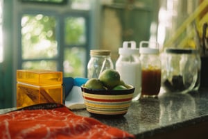 Fresh green limes in a ceramic bowl on a kitchen counter with spice jars