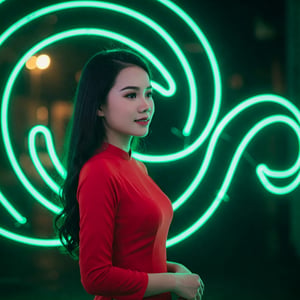 Cô gái Việt Nam trong trang phục áo dài trên nền neon hiện đại