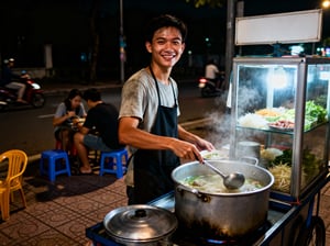 Thanh niên vất vả mưu sinh bán hủ tíu