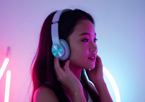 Portrait of a futuristic Vietnamese girl listening to podcast