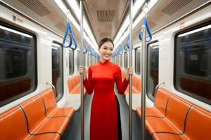 Cô gái Việt Nam mặc áo dài đỏ trên tàu điện ngầm Metro
