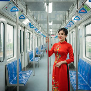 Cô gái Việt Nam mặc áo dài đỏ trên tàu điện ngầm Metro