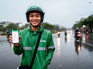 Tài xế Grab đang cầm điện thoại bật app